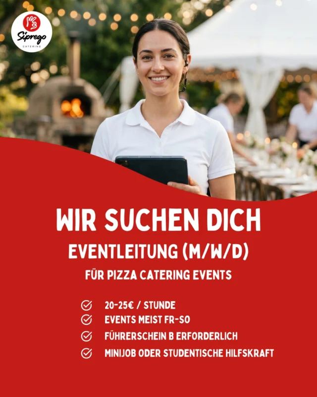 Eventleitung (m/w/d) gesucht 🎯

Du behältst den Überblick, wenn andere ins Schwitzen kommen? Dann bist du bei uns genau richtig.

Wir sind Siprego Catering. Als Eventleitung bist du vor Ort verantwortlich für Packen, Aufbau, Ausführung und Abbau. Du führst dein Team, kümmerst dich um die Gäste und bist erste Ansprechperson für den Auftraggeber. Verantwortung ab Tag 1.

✓ 20–25 € / Stunde
✓ Events meist Fr–So
✓ Führerschein B erforderlich
✓ Minijob oder studentische Hilfskraft

Alle Infos & Bewerbung: siprego.de/jobs

Oder direkt per WhatsApp:
0173 7781045

#eventmanager #jobsaugsburg #cateringjobs #gastrojobsaugsburg #augsburg