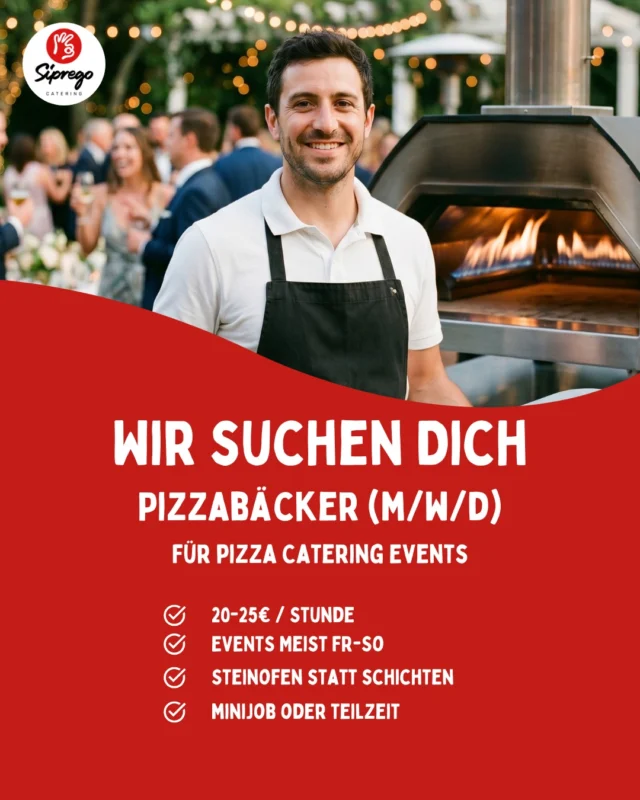 Pizzabäcker (m/w/d) gesucht 🔥

Du bäckst richtig gute Pizza? Dann raus aus der Schichtdienst-Tretmühle, rein in echte Events.

Wir sind Siprego Catering. Wir bringen unseren Steinofen zu Hochzeiten, Firmenfeiern und Privatevents. 450°C, Napoletana, 90 Sekunden. Kein Fließband.

✓ 20–25 € / Stunde
✓ Events meist Fr–So
✓ In ganz Bayern
✓ Führerschein B von Vorteil
✓ Minijob oder Teilzeit

Alle Infos & Bewerbung: siprego.de/jobs

Oder direkt per WhatsApp: 
0173 7781045

#pizzaiolo #pizzabäcker #jobsaugsburg #cateringjobs #augsburg